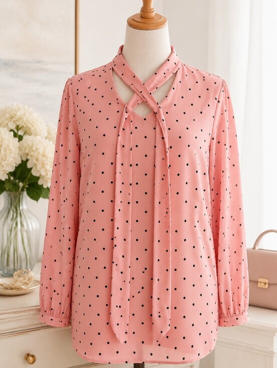 Lane Bryant Tops - Lane Bryant Pink Polka Dot Tie Neck Blouse Black Dot Long Sleeve Top 14/16